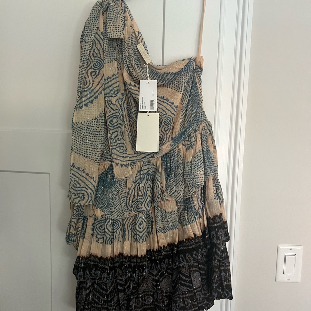 Ulla Johnson Blue and Cream One Shoulder Dress